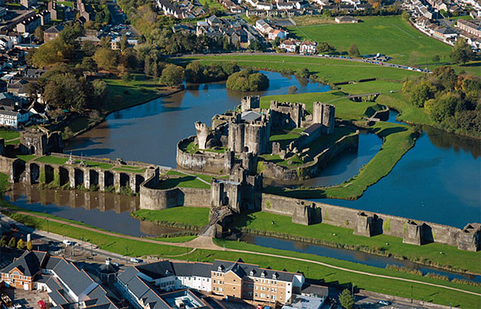 Caerphilly Castle spread across its great artificial lakes, the largest castle in Wales