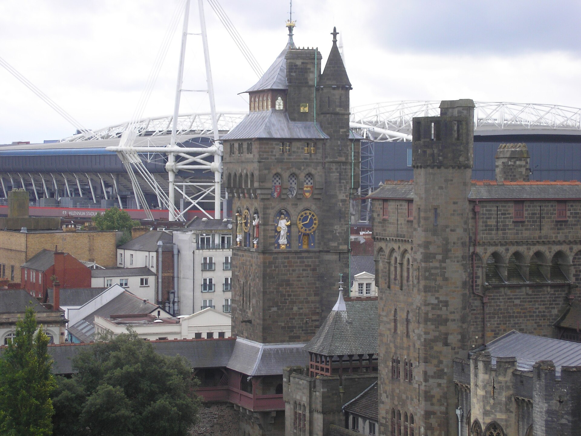 The clock tower rising above the castle