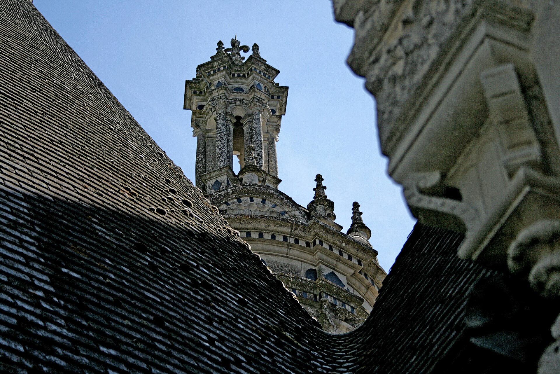 The great lantern tower and slate-inlaid chimneys of Chambord
