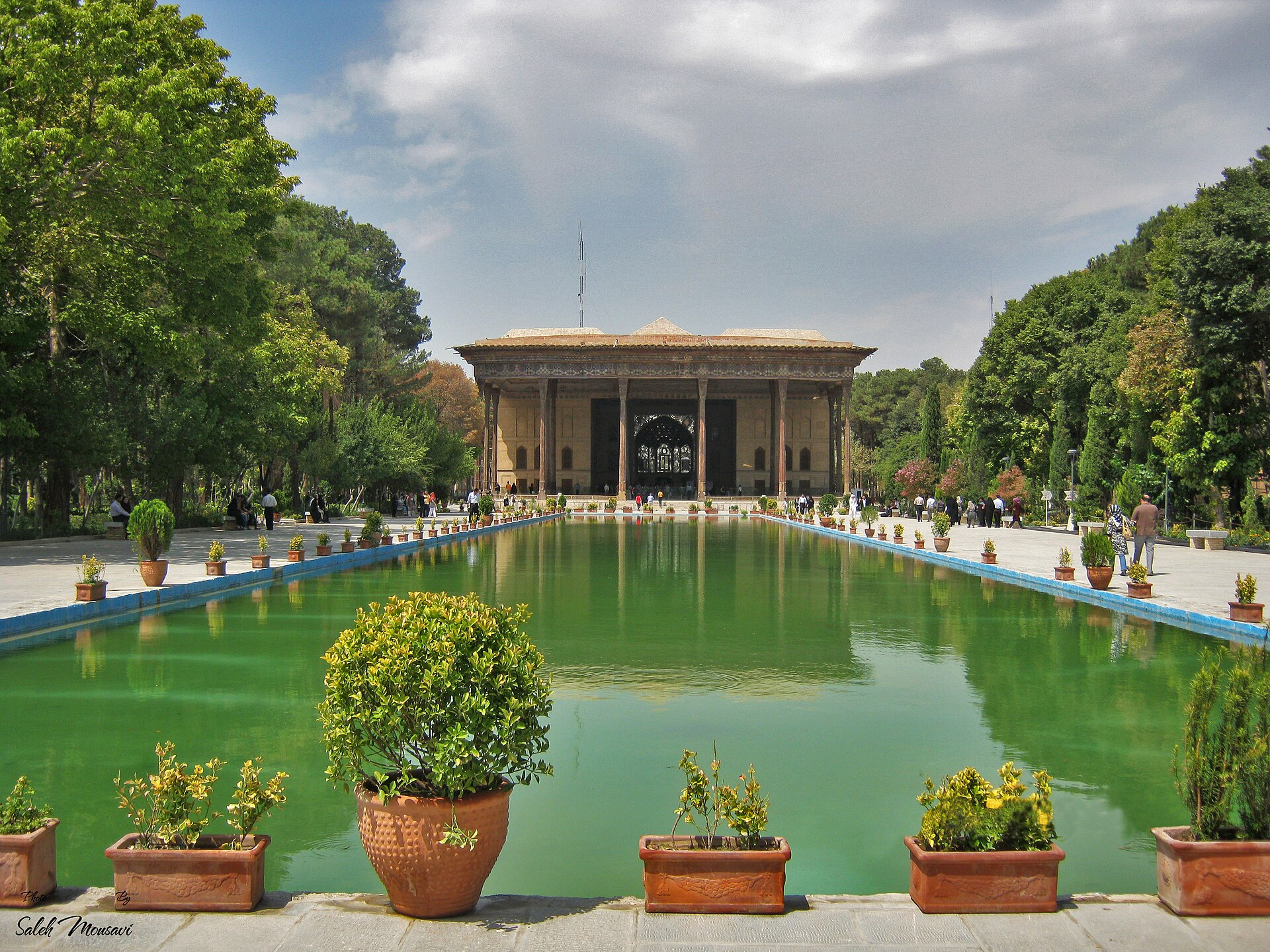 The pavilion of the Chehel Sotoun set within its Persian garden in Isfahan.