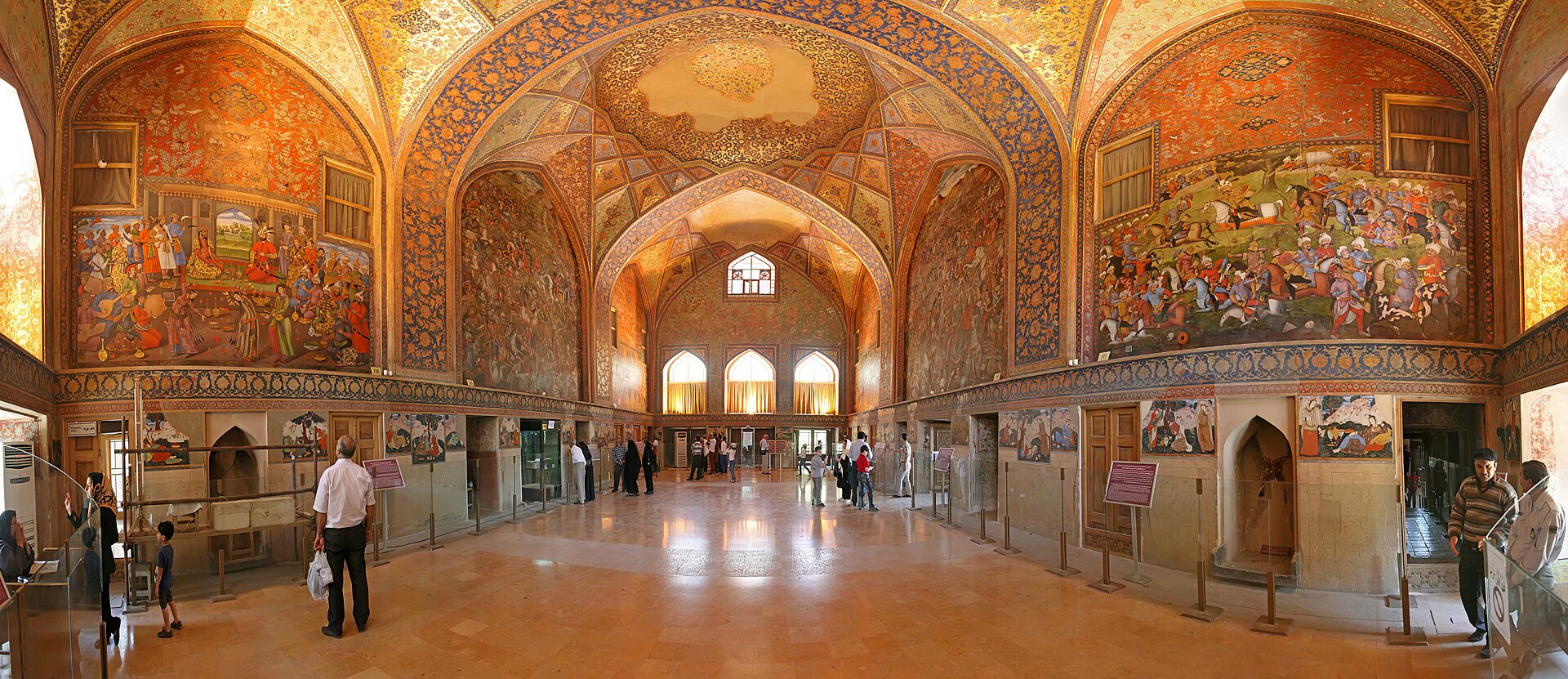 The richly painted interior of the Chehel Sotoun, adorned with great murals.