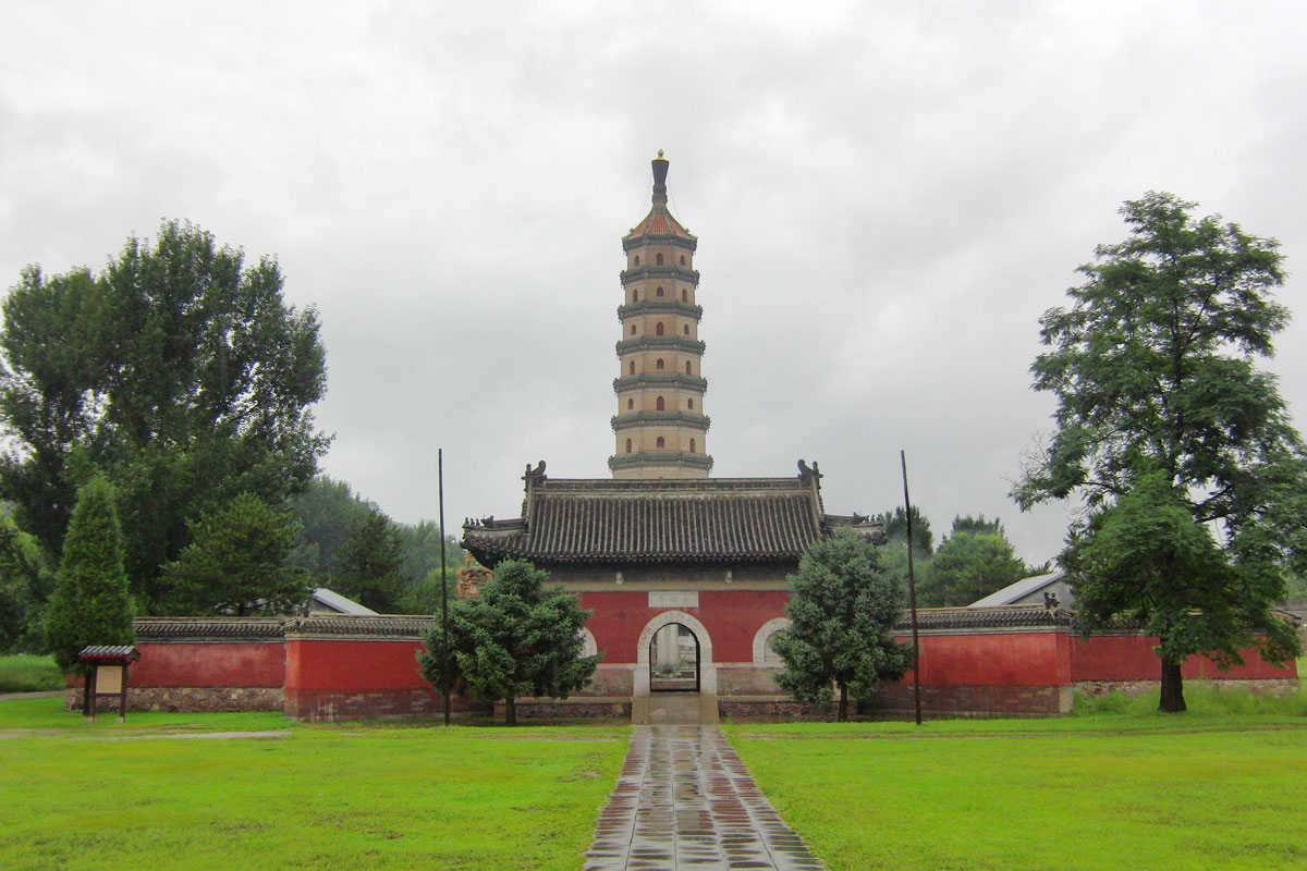 A pagoda rising within the resort landscape
