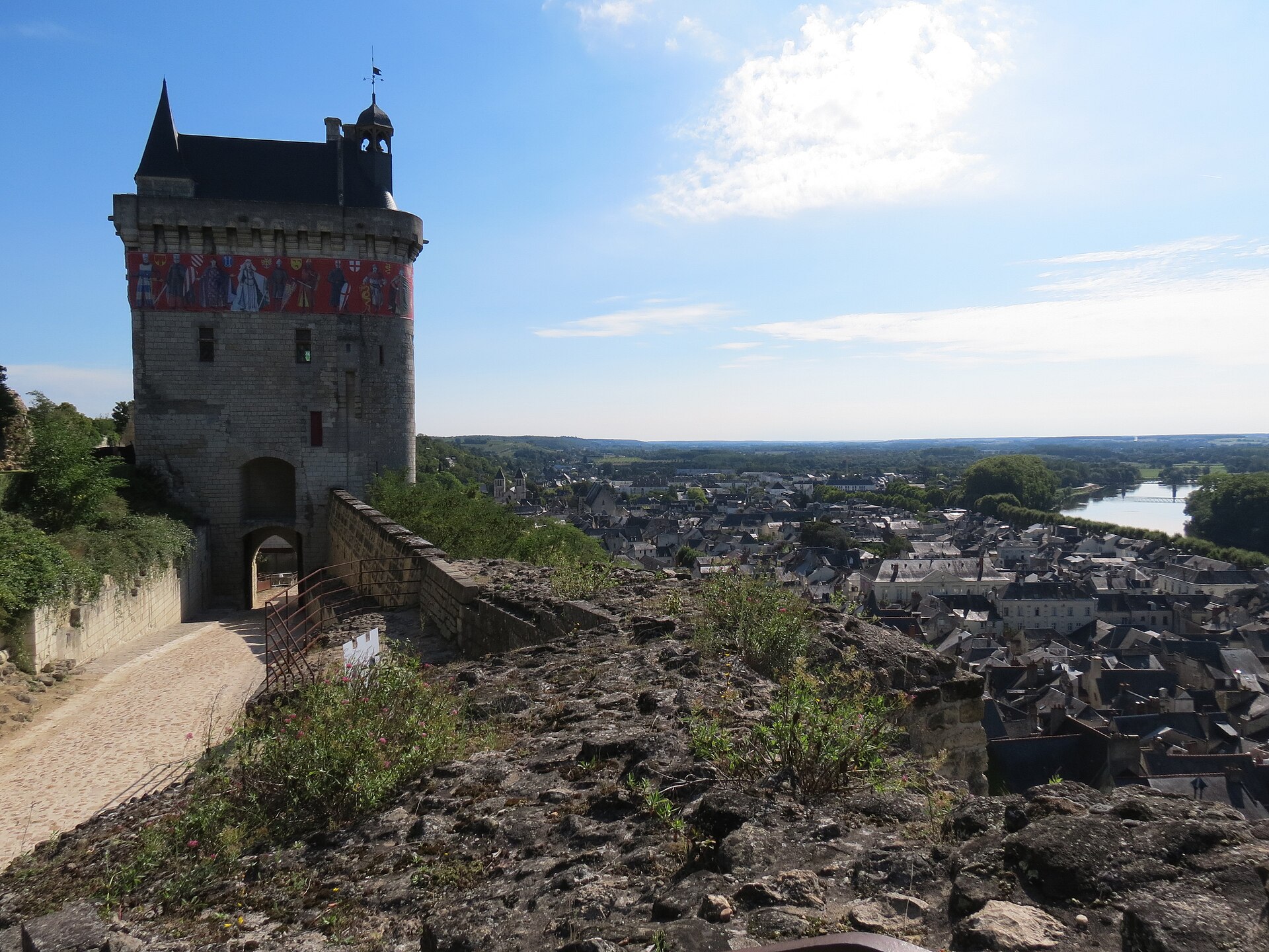 The long line of the Royal Fortress of Chinon along its ridge