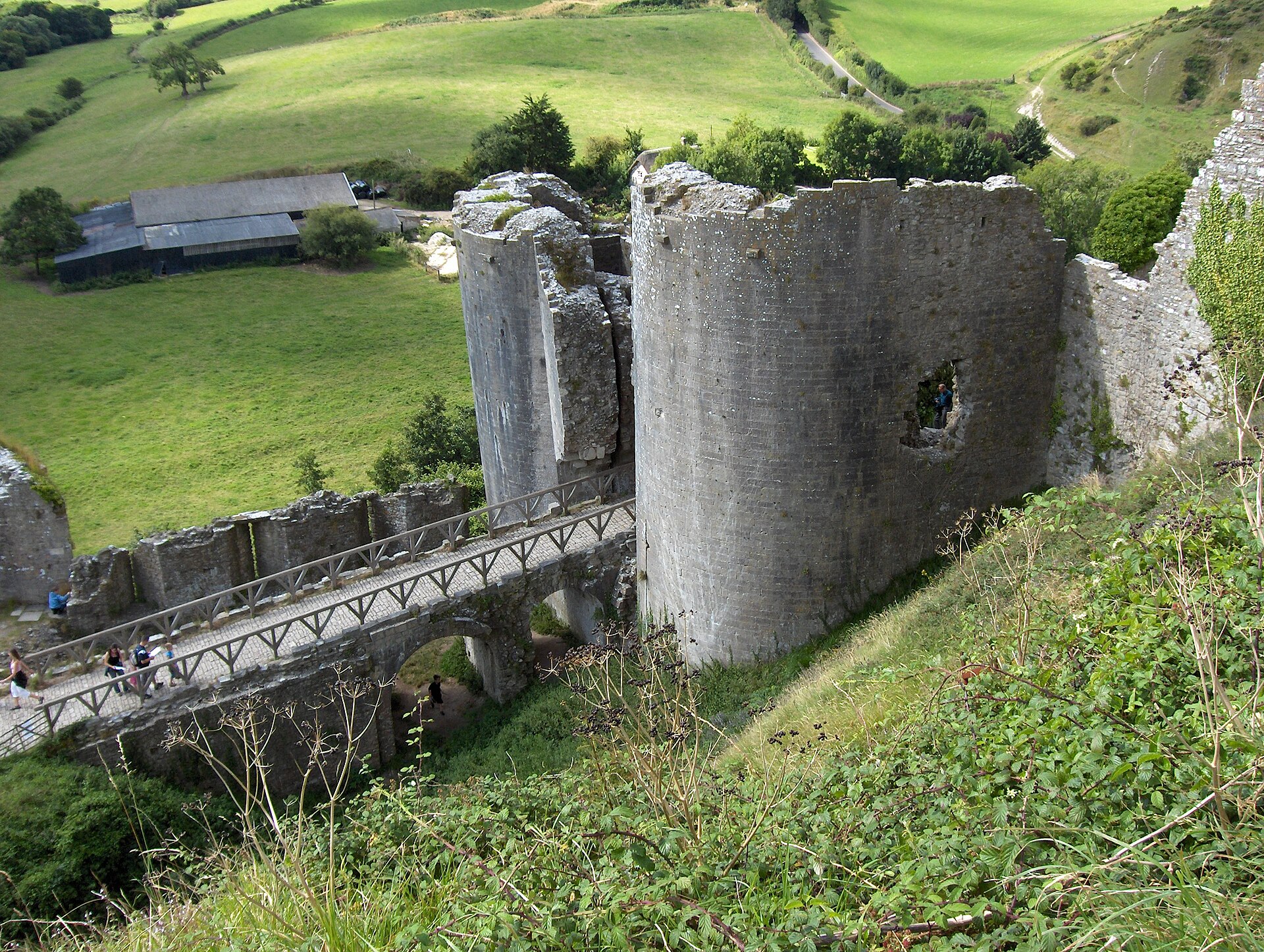 The broken gatehouse and bridge, blasted apart when the castle was slighted after the Civil War