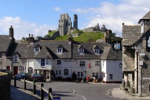 Corfe's leaning, split walls, torn open by gunpowder in the seventeenth century