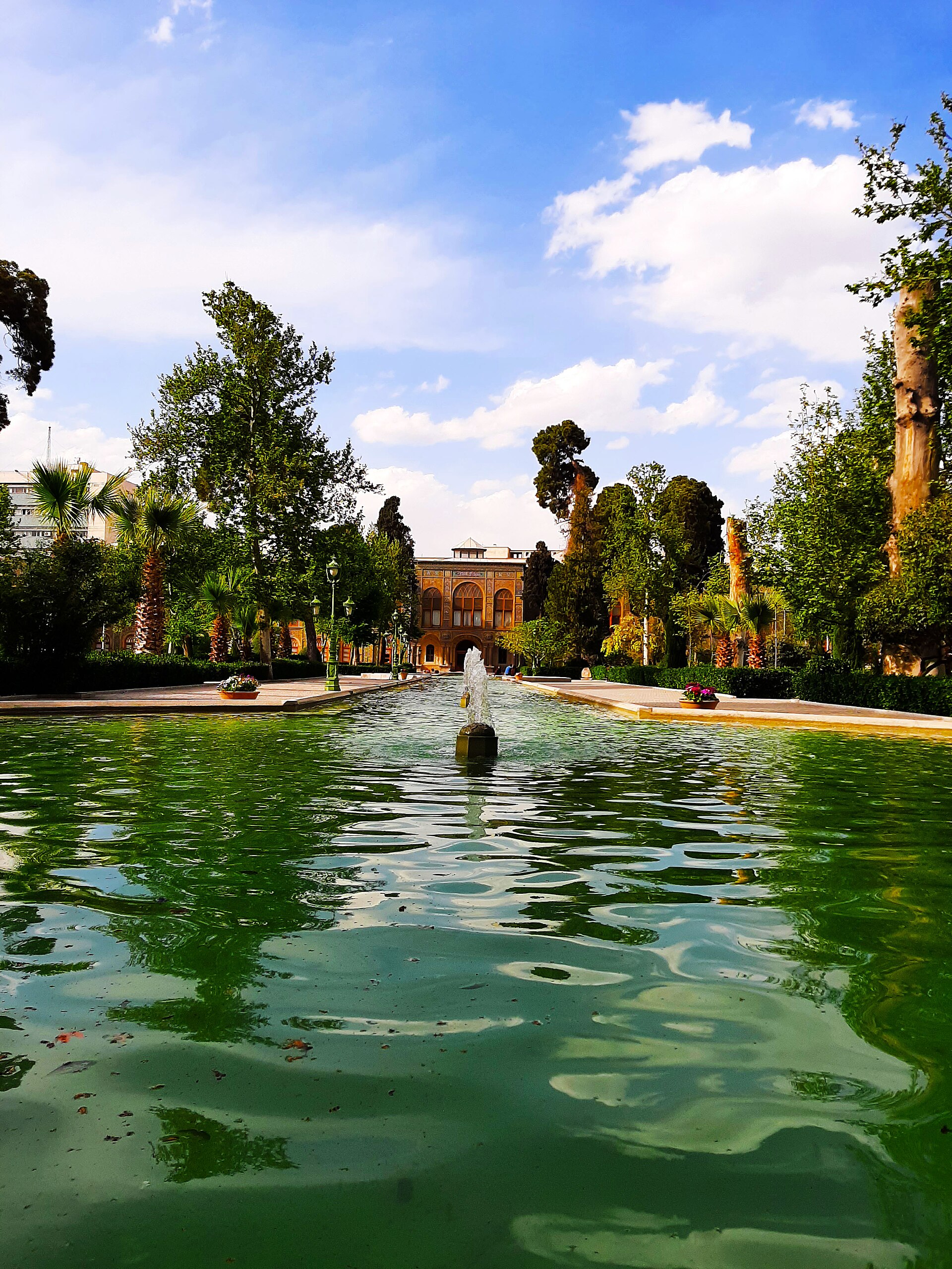 The central garden of the Golestan Palace, a green oasis in the heart of Tehran.