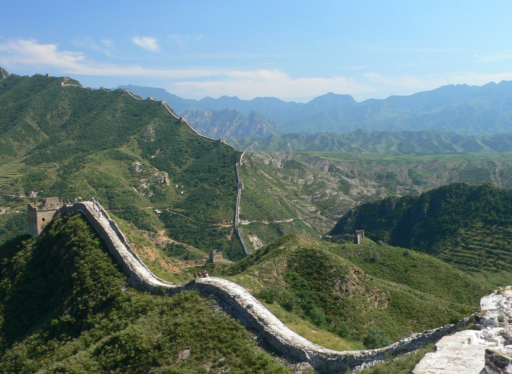 The Great Wall of China winding across the mountains
