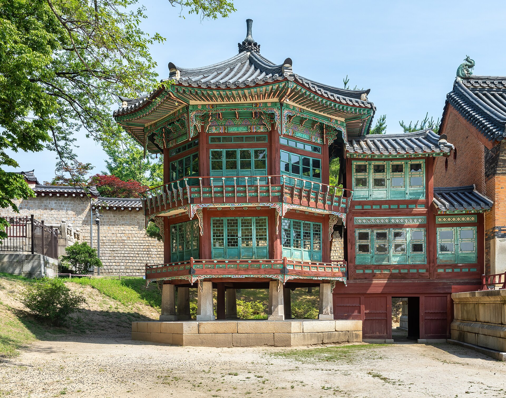 The tower of Jibokjae Hall rising against the sky at the palace.