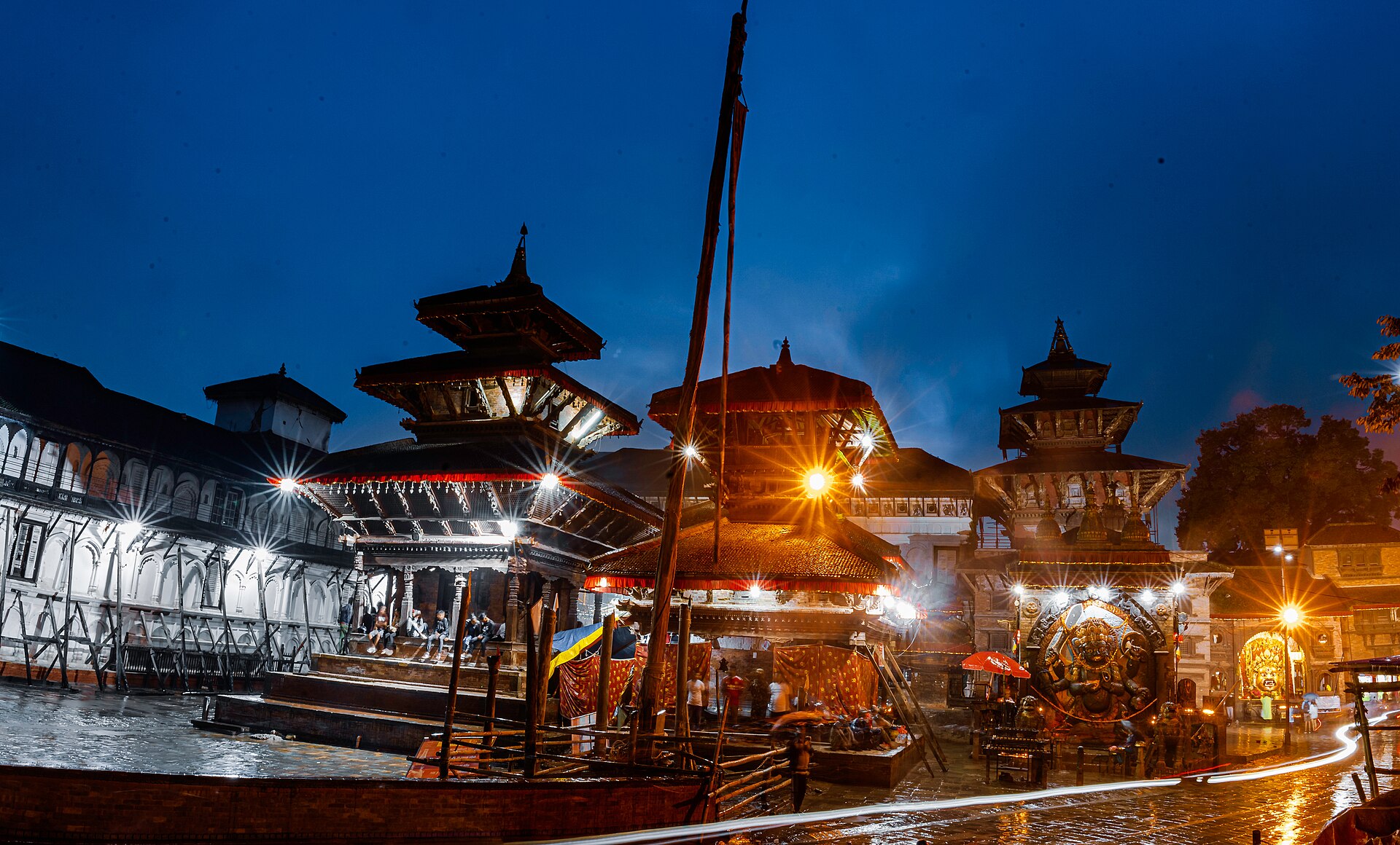 The palace of Hanuman Dhoka at night, seen from Basantapur