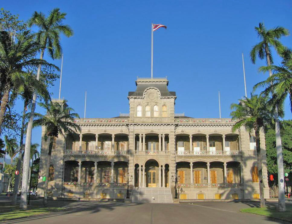 The elegant facade of Iolani Palace, seat of the monarchs of the Hawaiian Kingdom.