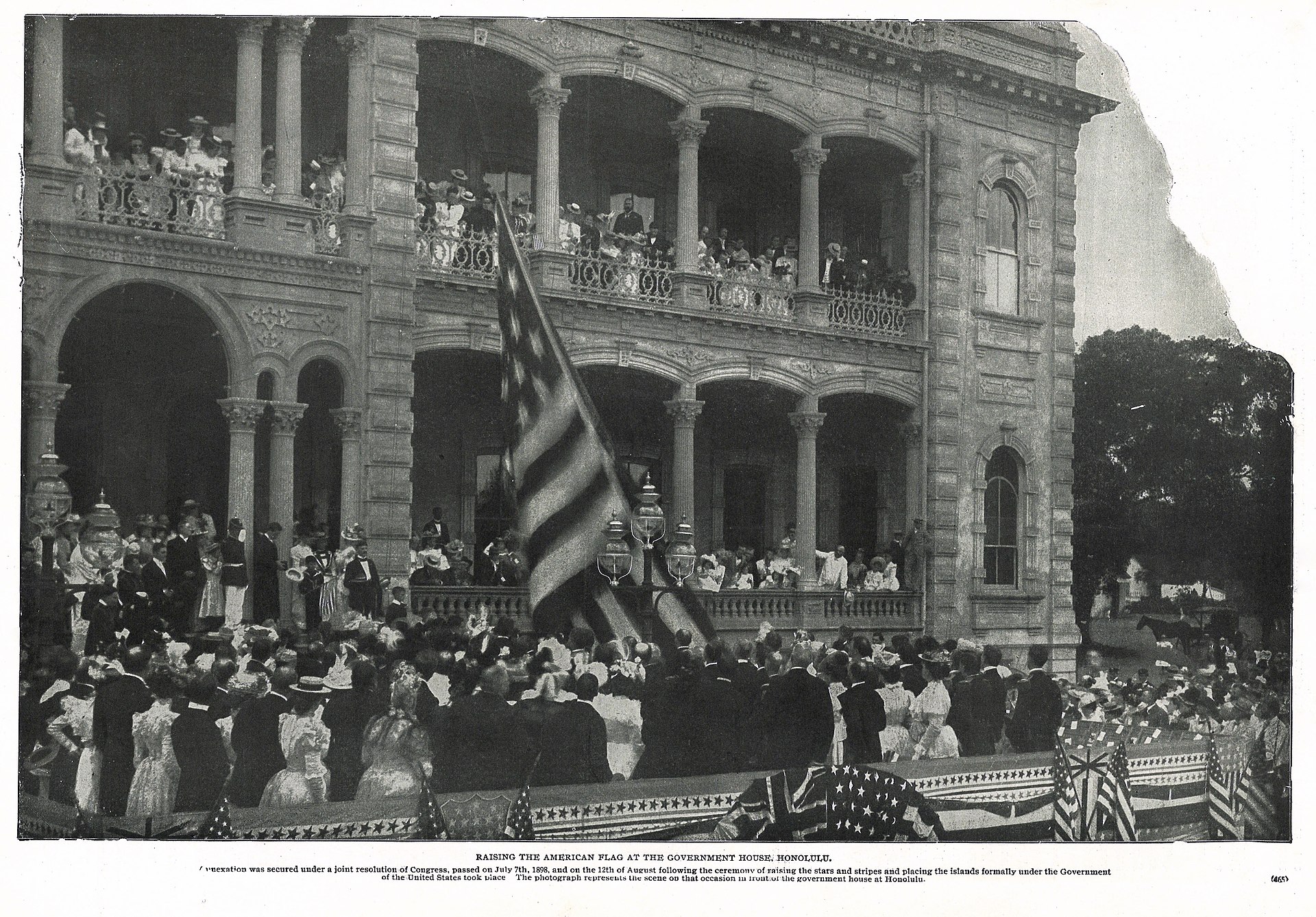 A historic photograph at the palace during the annexation of Hawaii.