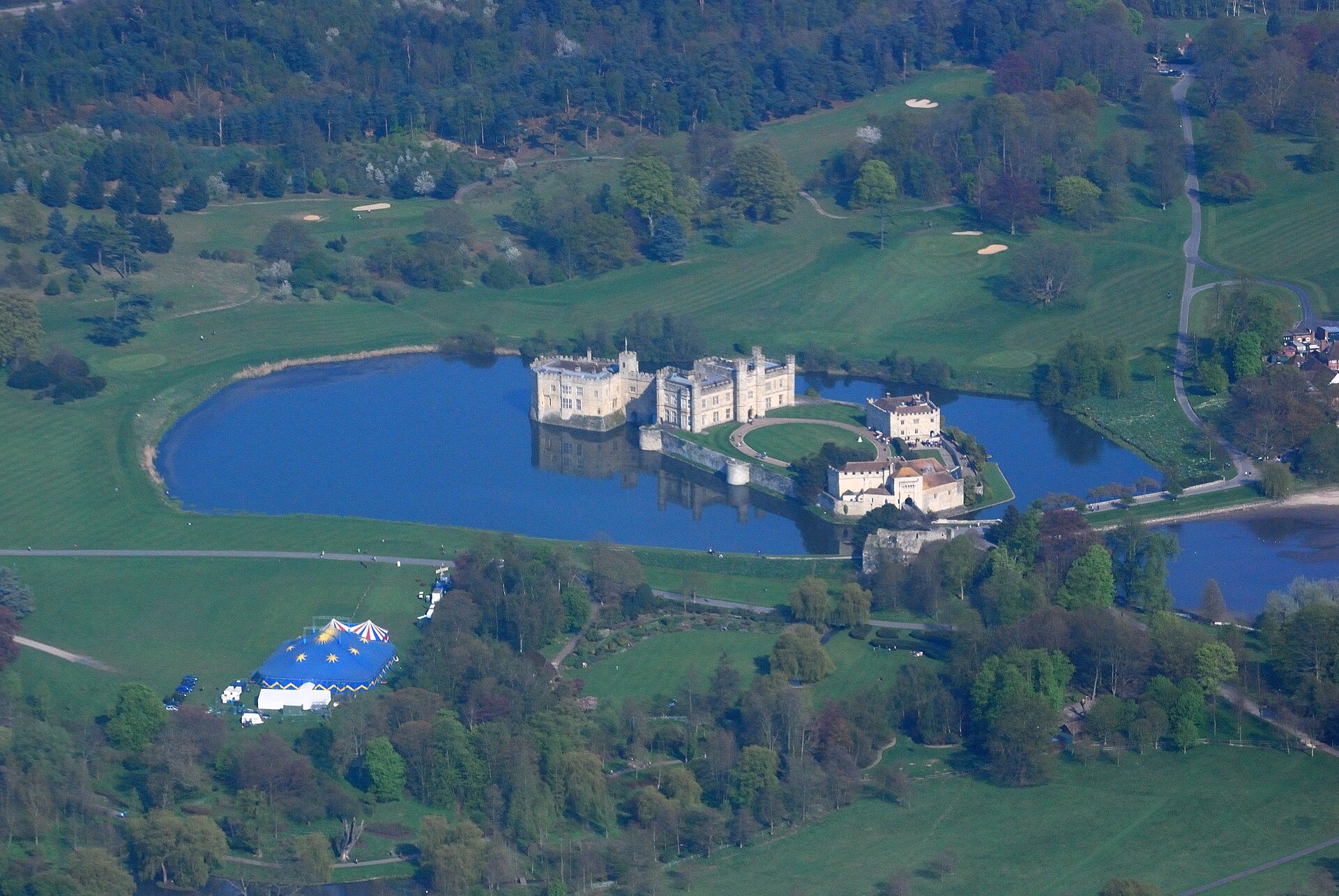 Leeds Castle from the air, built across two islands in a lake fed by the River Len
