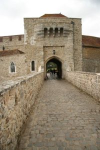 The gatehouse and bridge, the defended approach across the water into the castle
