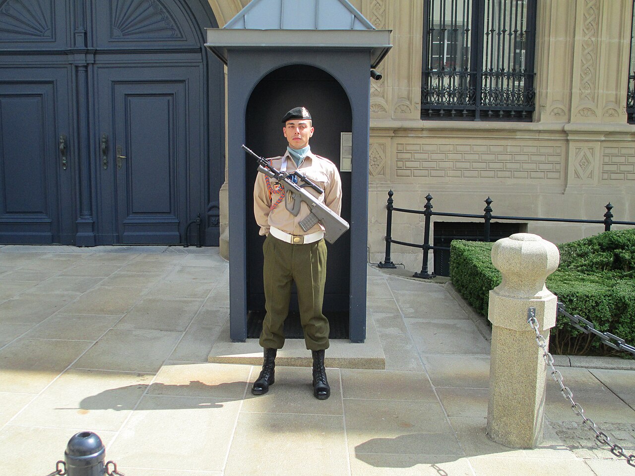 The sentry before the palace facade.