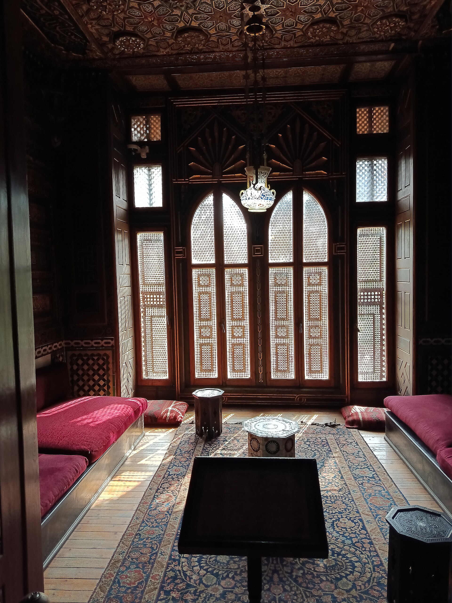 A traditional wooden ceiling inside the palace