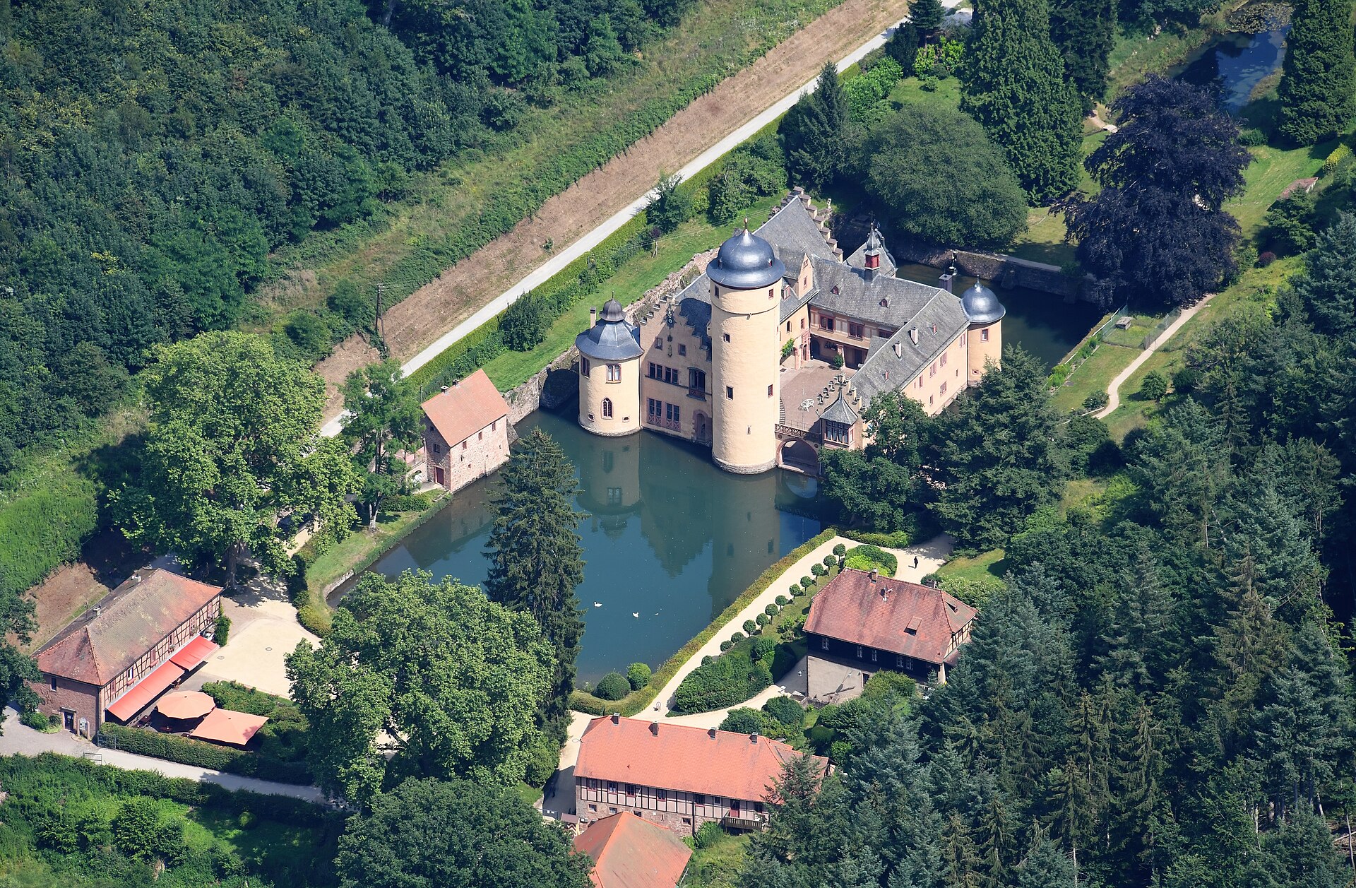 An aerial view of the compact, complete little water castle