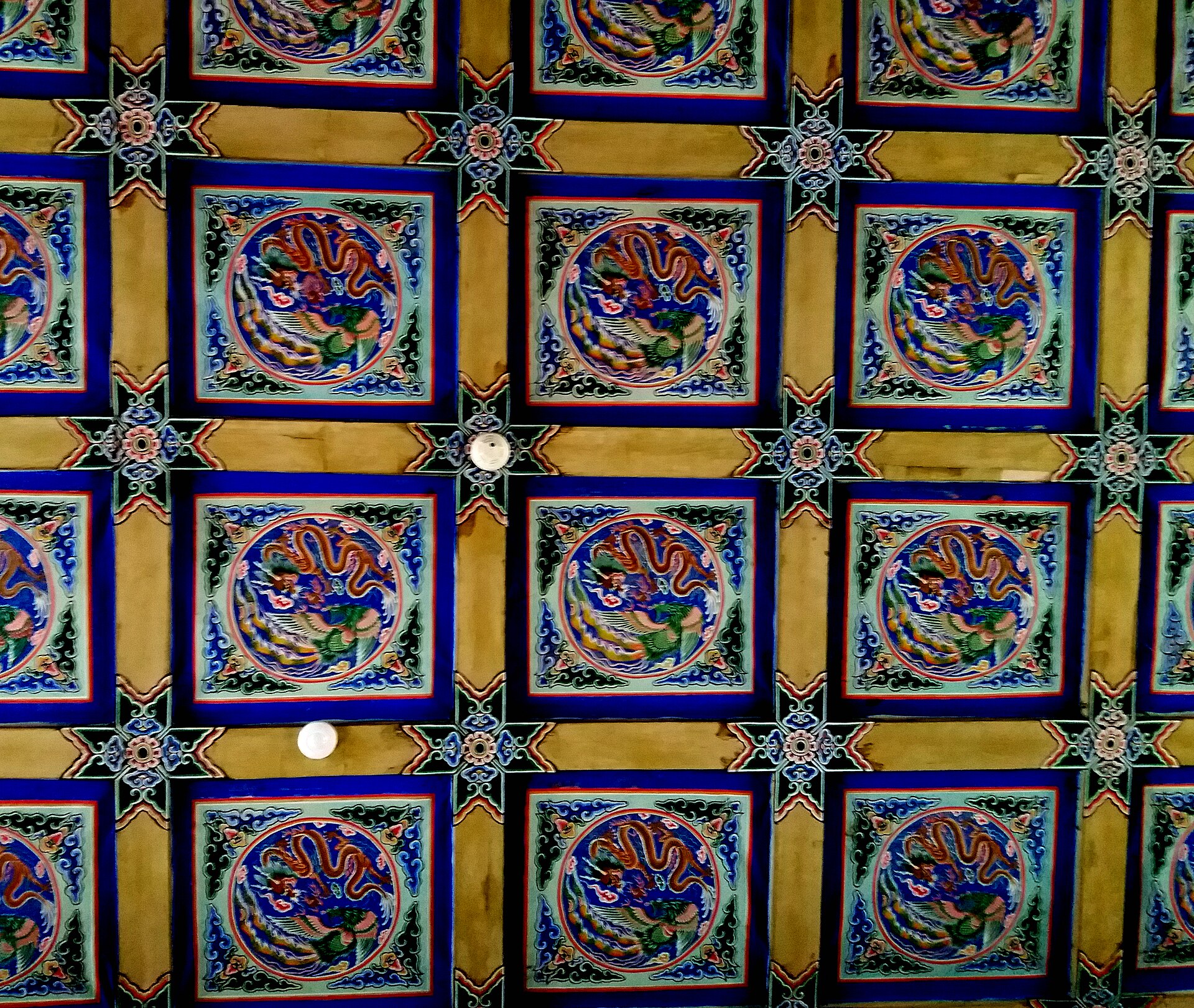 A decorated ceiling in the Mukden Palace, part of its rich ornament.