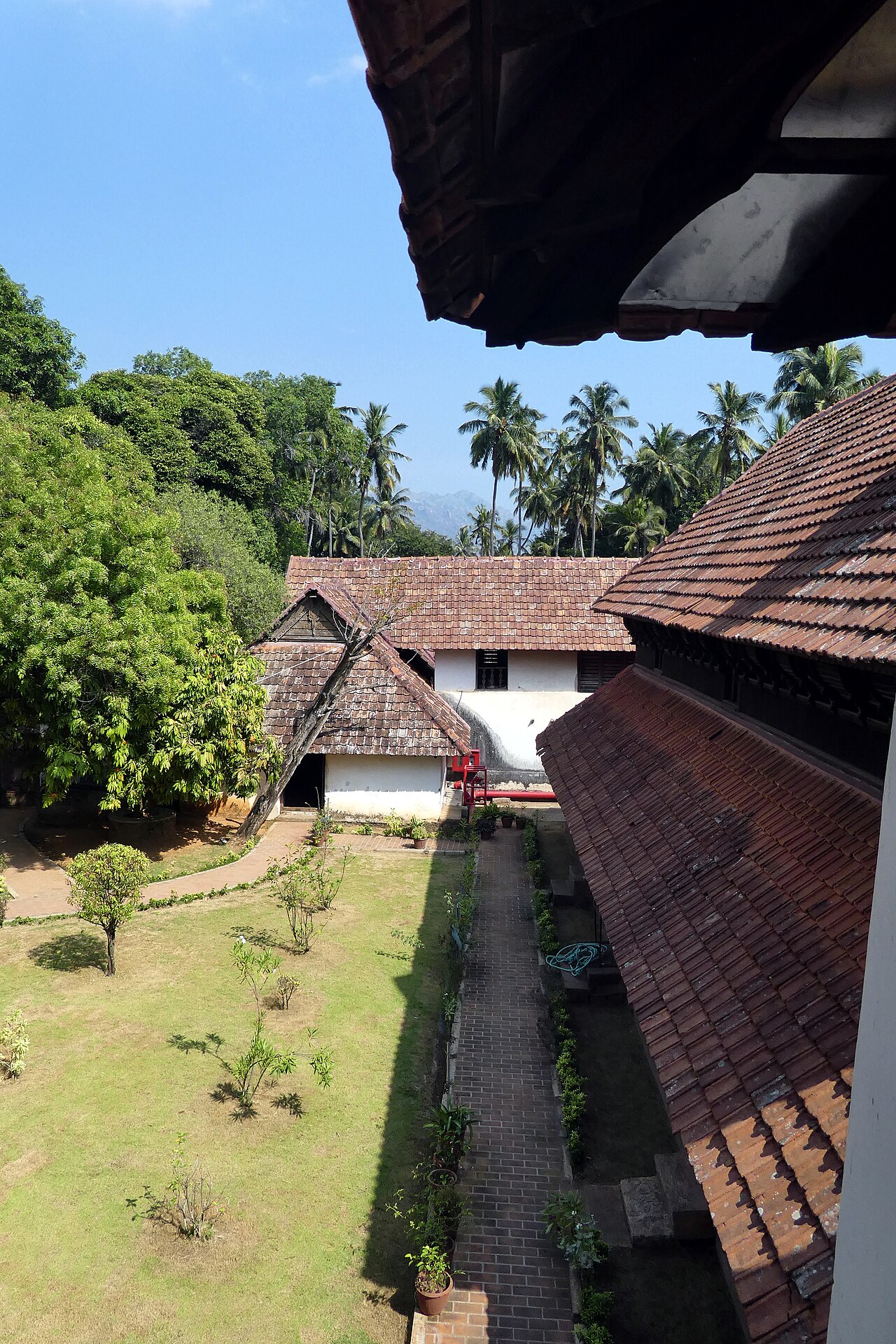 The steeply sloping tiled roofs of the palace.
