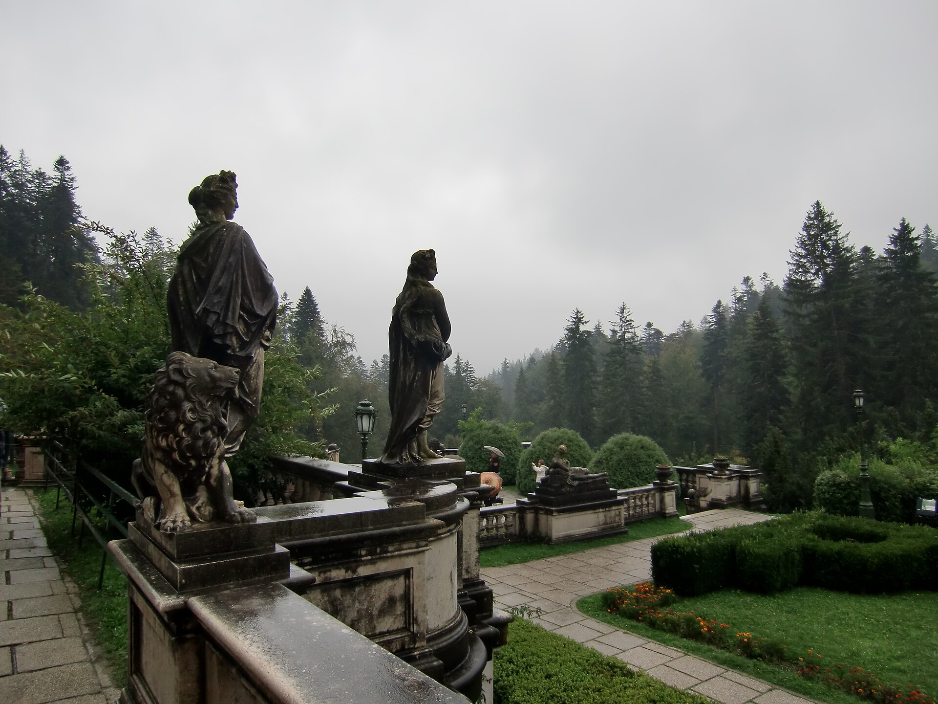 The terraced gardens descending from the castle