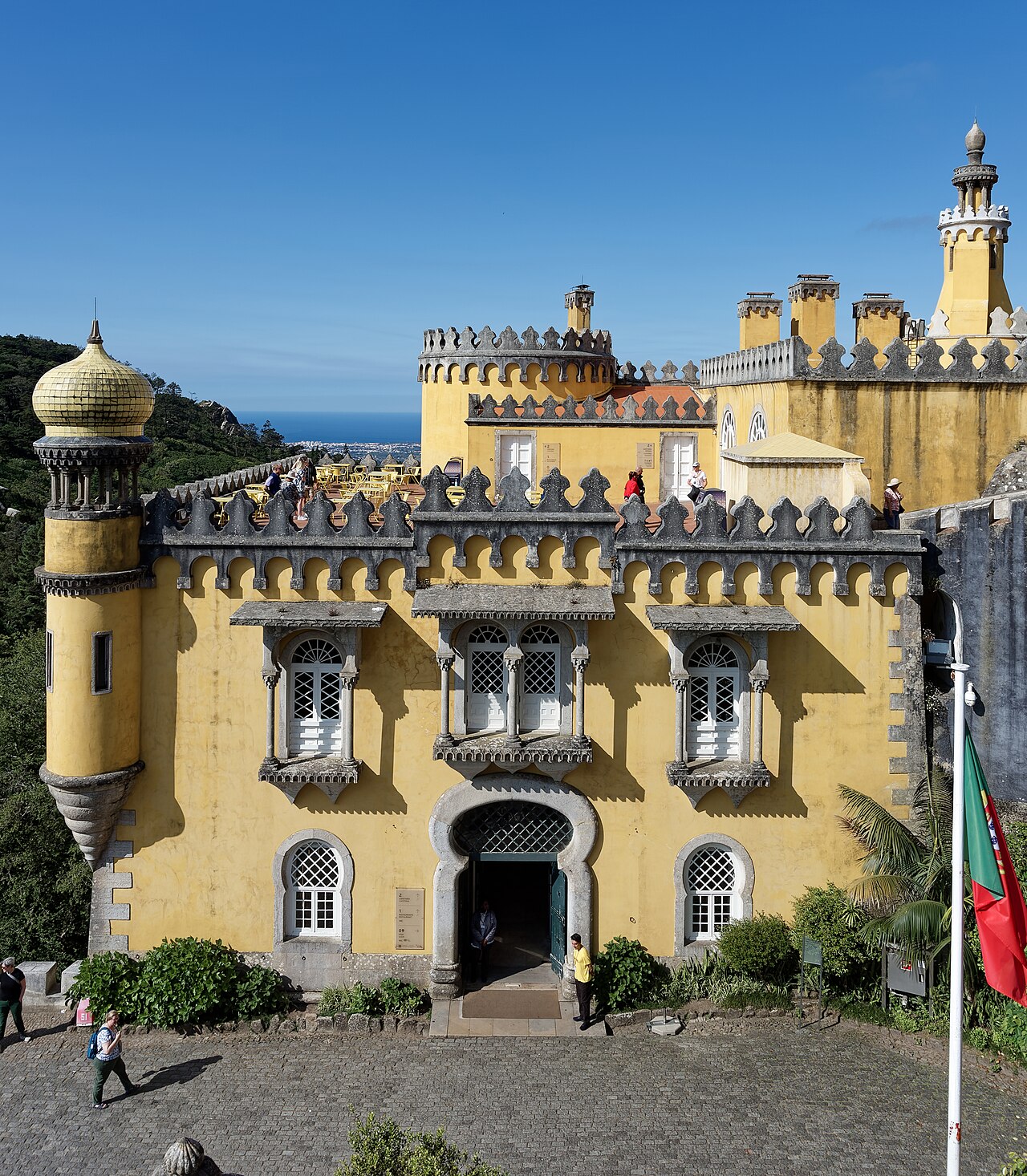 The colourful facade of the palace up close.