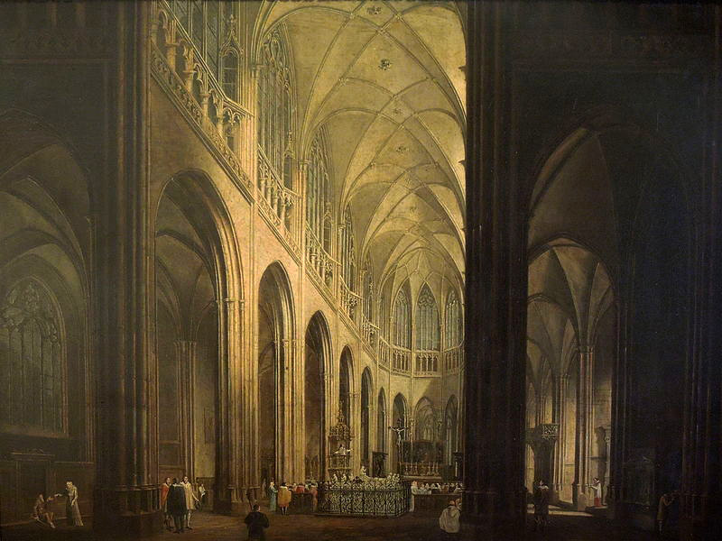 A historical depiction of the cathedral interior evokes the era of Charles IV, Bohemia's greatest builder-king.