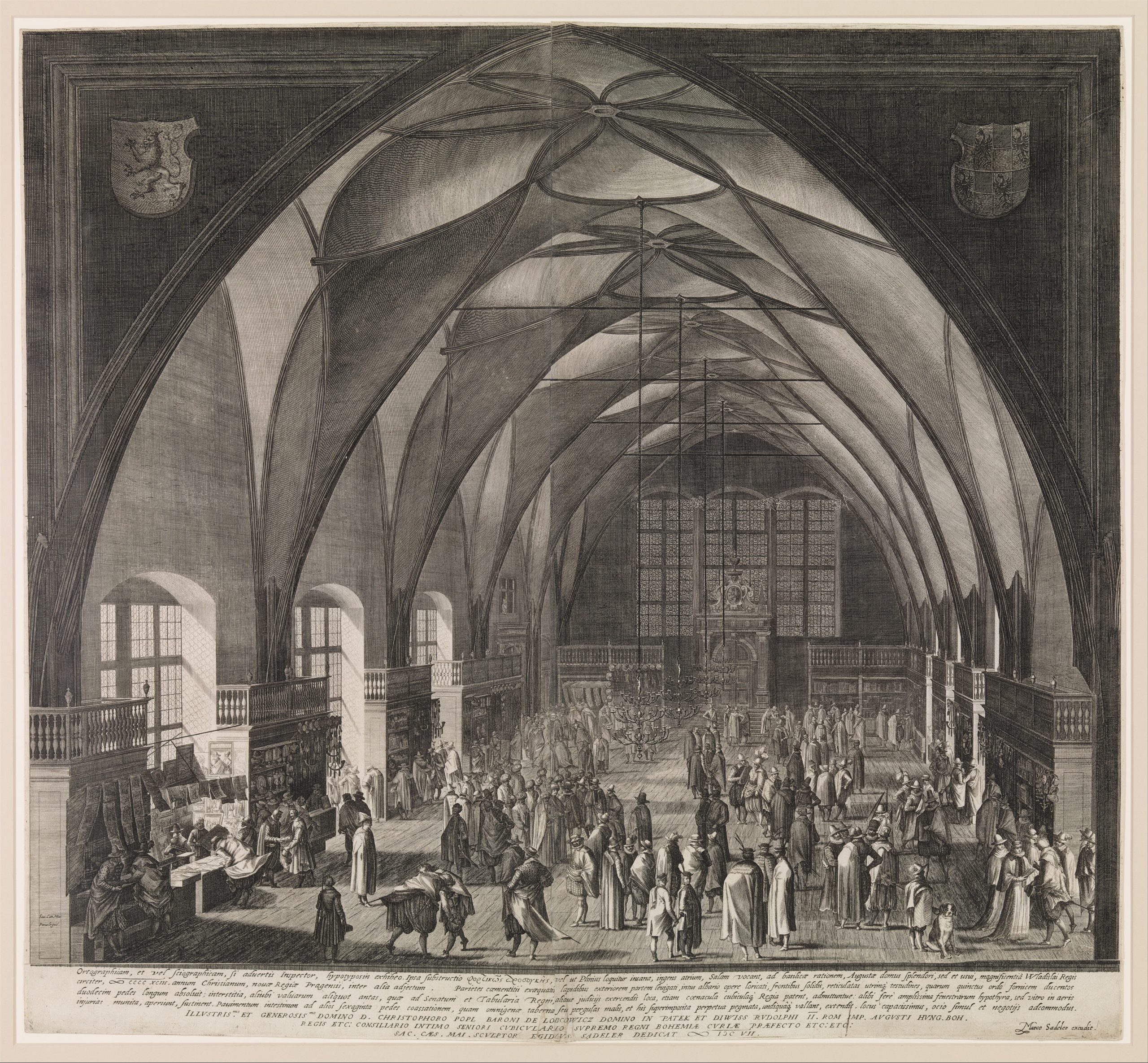 The vast late-Gothic vault of Vladislav Hall, wide enough for mounted tournaments indoors.