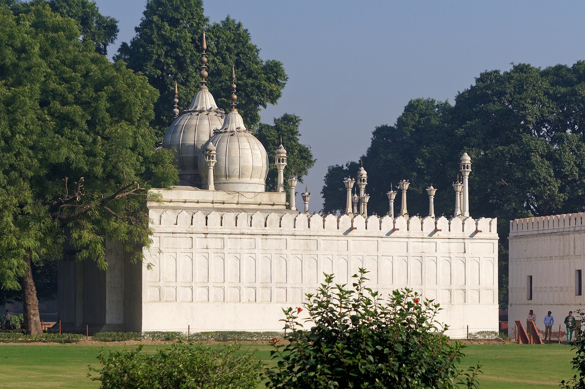 The Moti Masjid, a small white marble mosque, was built by Aurangzeb.