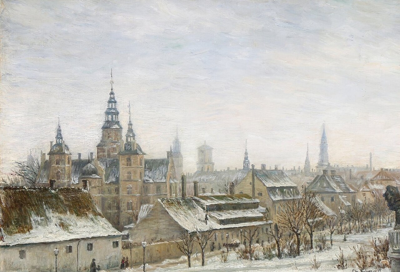 The castle under a dusting of winter snow.