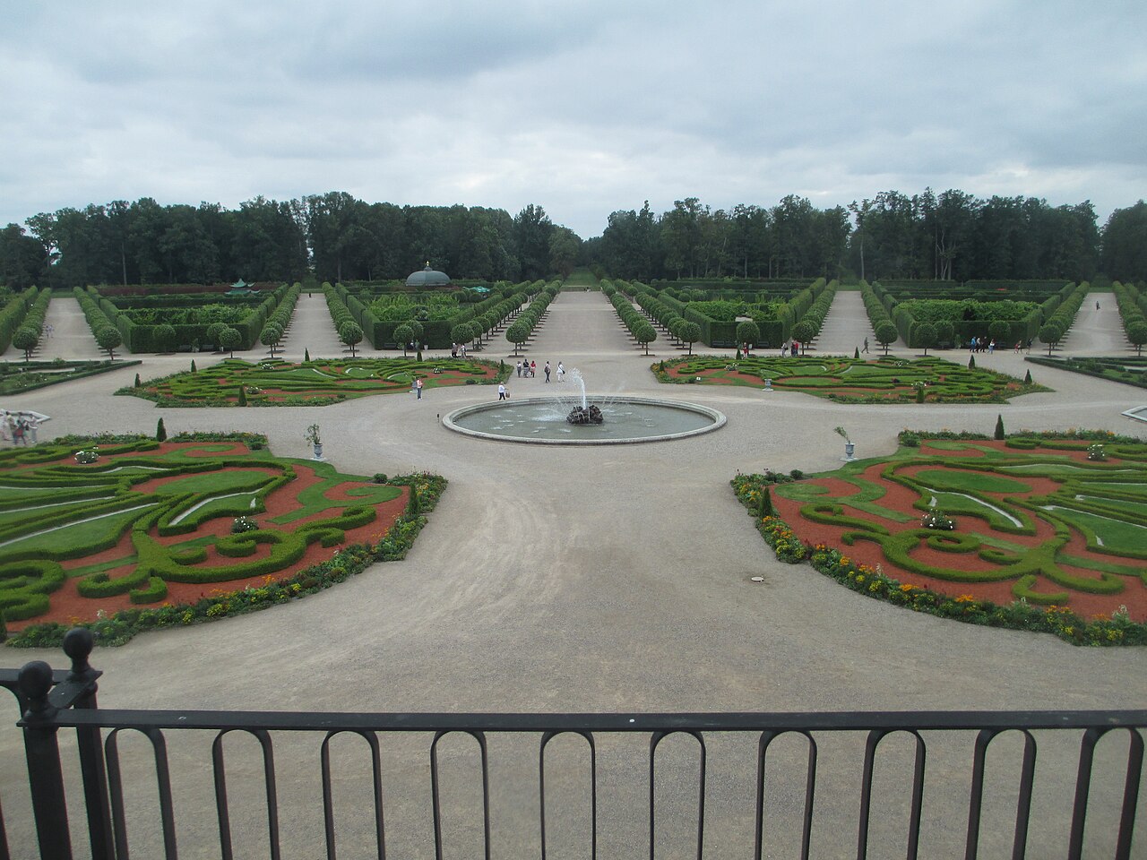 The geometric parterres of the palace gardens.