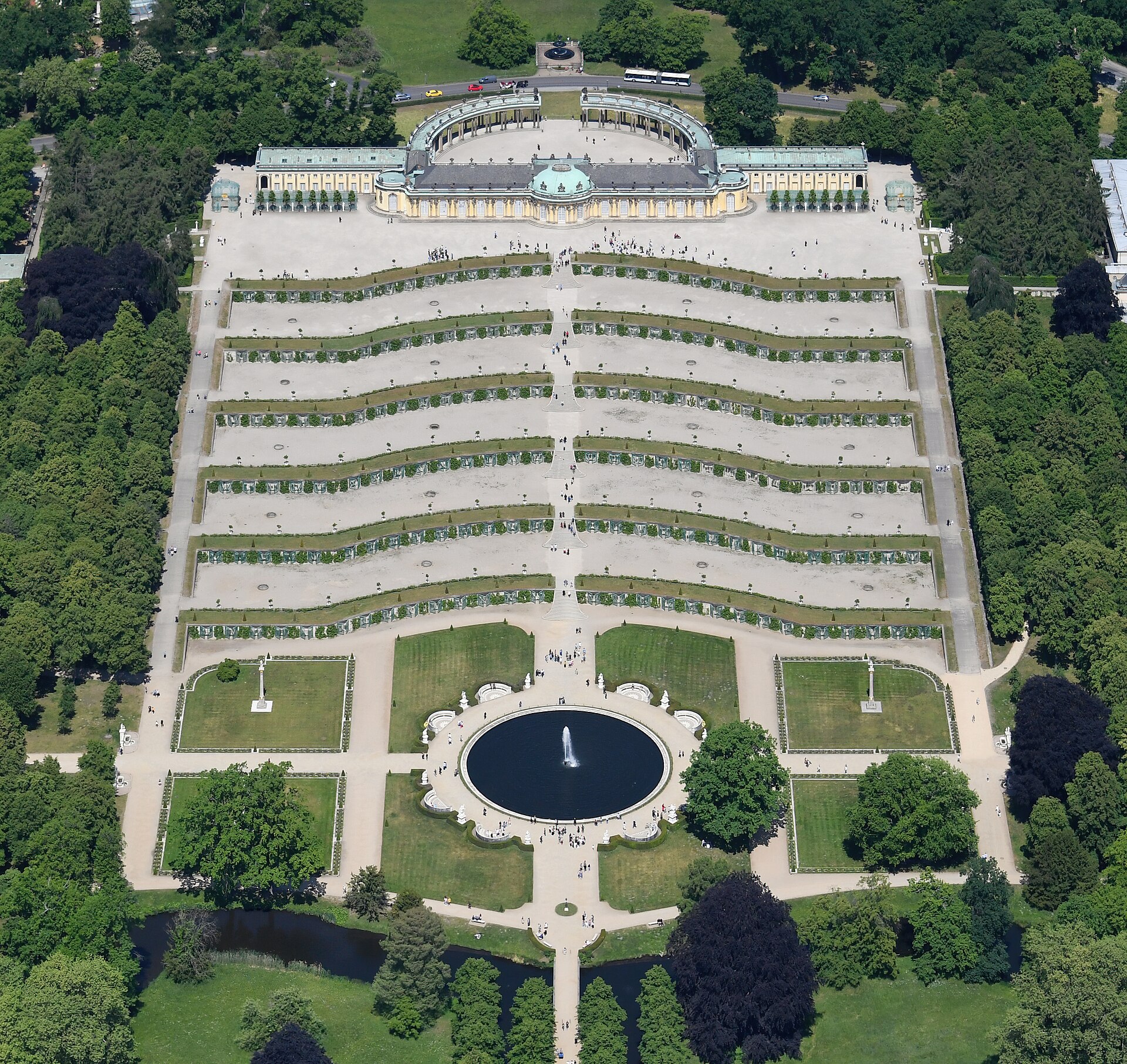 An aerial view of Sanssouci from the south, showing the palace crowning its terraced hill