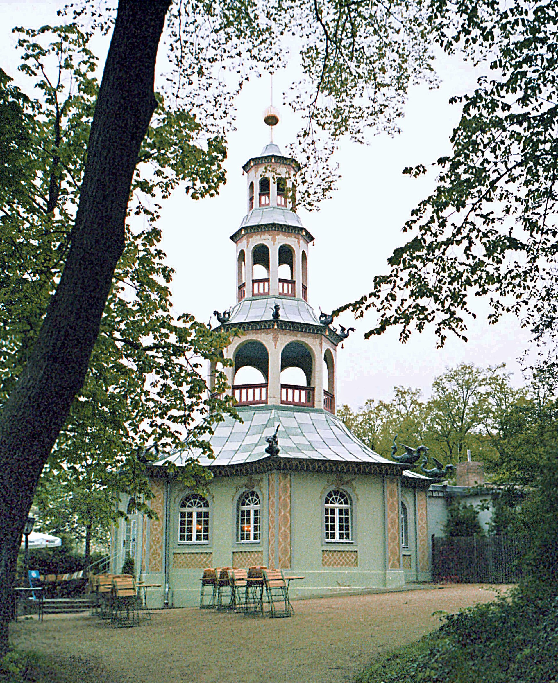 The Dragon House, a pagoda-shaped folly with sculpted dragons at the corners of its roofs
