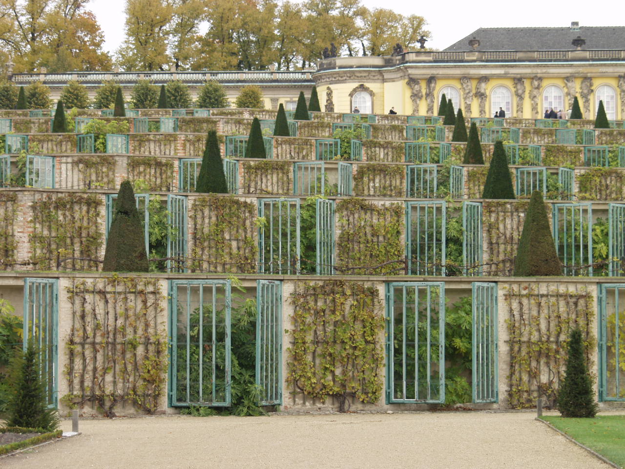 The formal gardens spread out below the terraces of Sanssouci