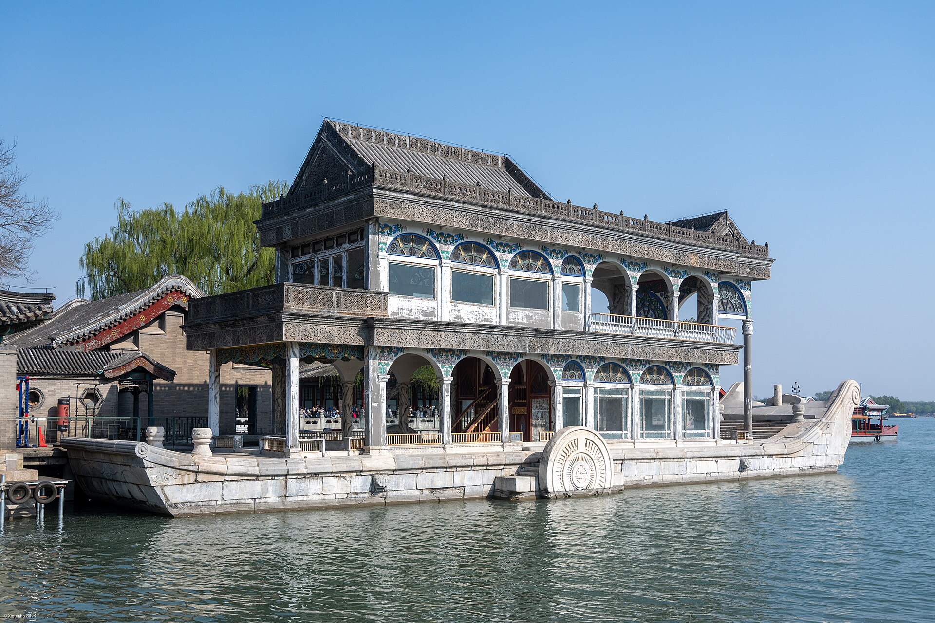 The famous Marble Boat, a stone pavilion in the form of a boat at the edge of the lake.