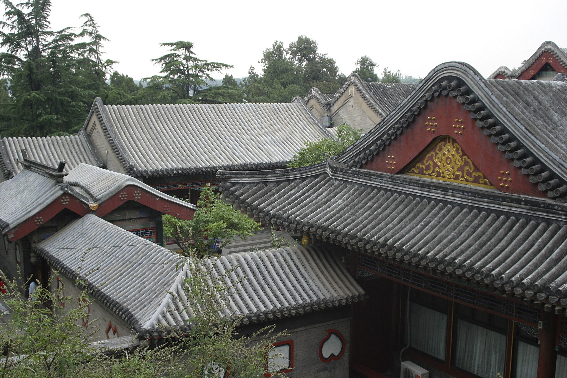 The roofs of the Summer Palace buildings, rising among the trees of the garden.