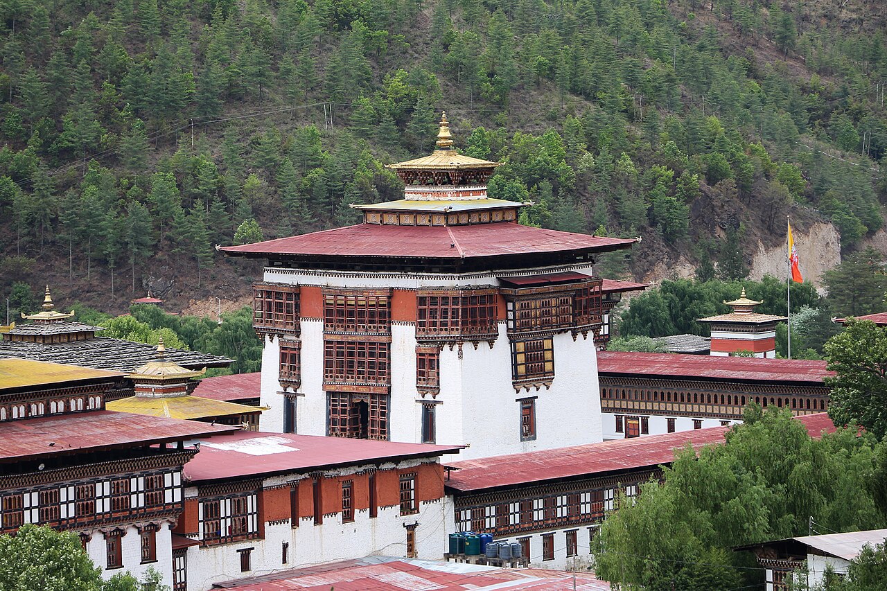 The dzong's massive whitewashed walls and towers.