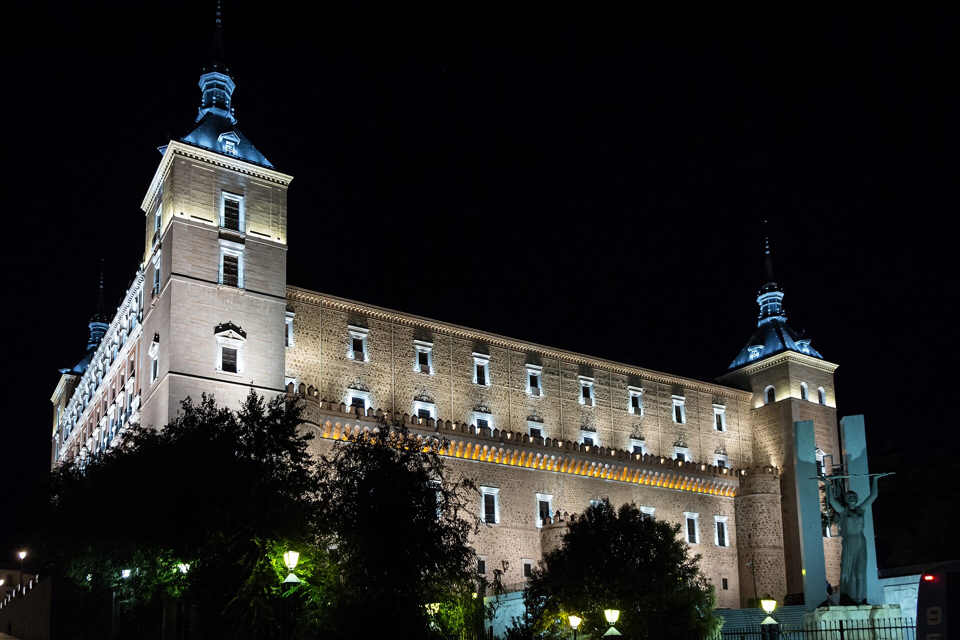 Floodlit above the city, the Alcázar is the unmistakable landmark of Toledo.