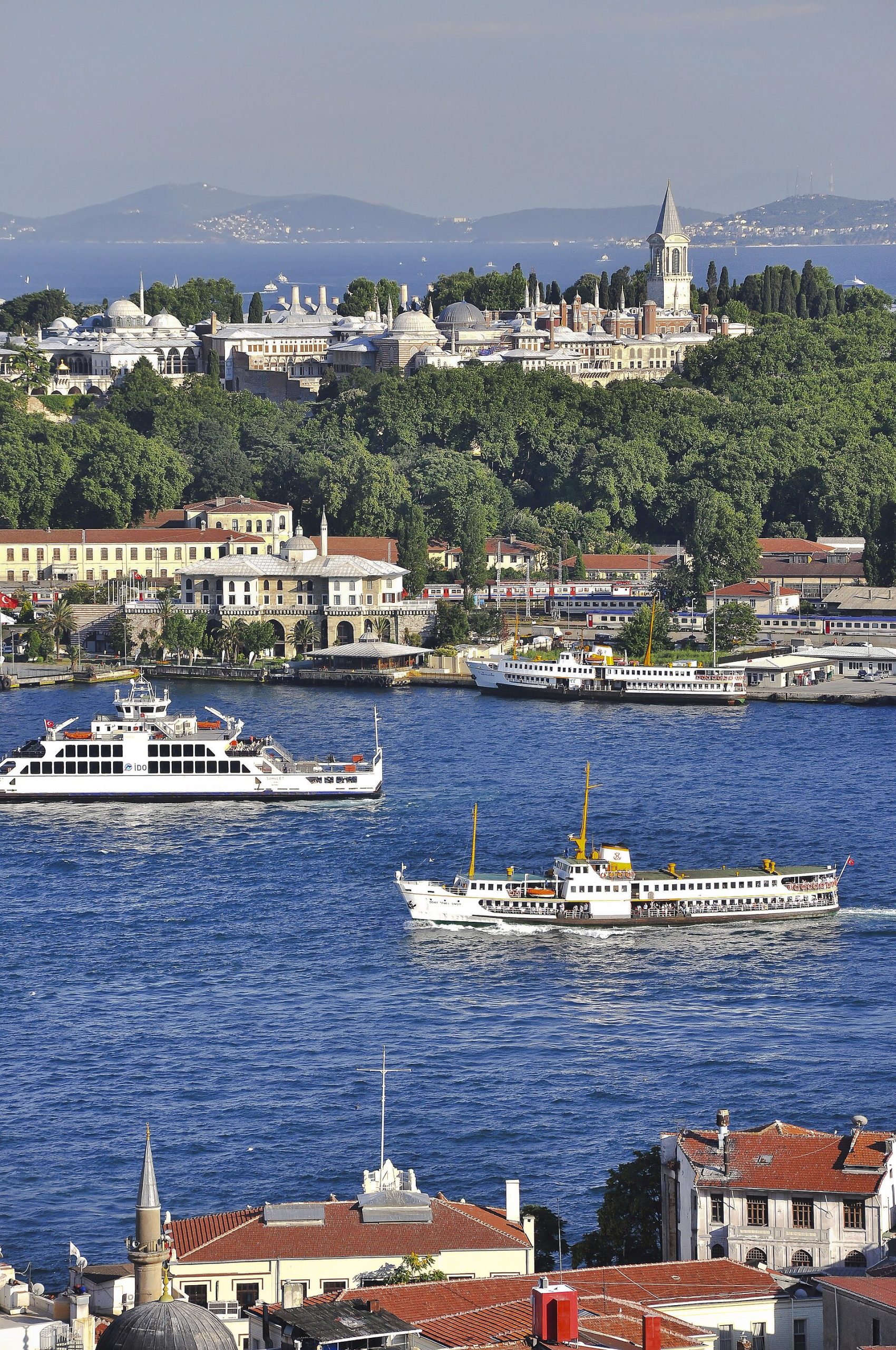 Topkapi Palace on Seraglio Point, seen from across the water where the Bosphorus meets the Golden Horn.
