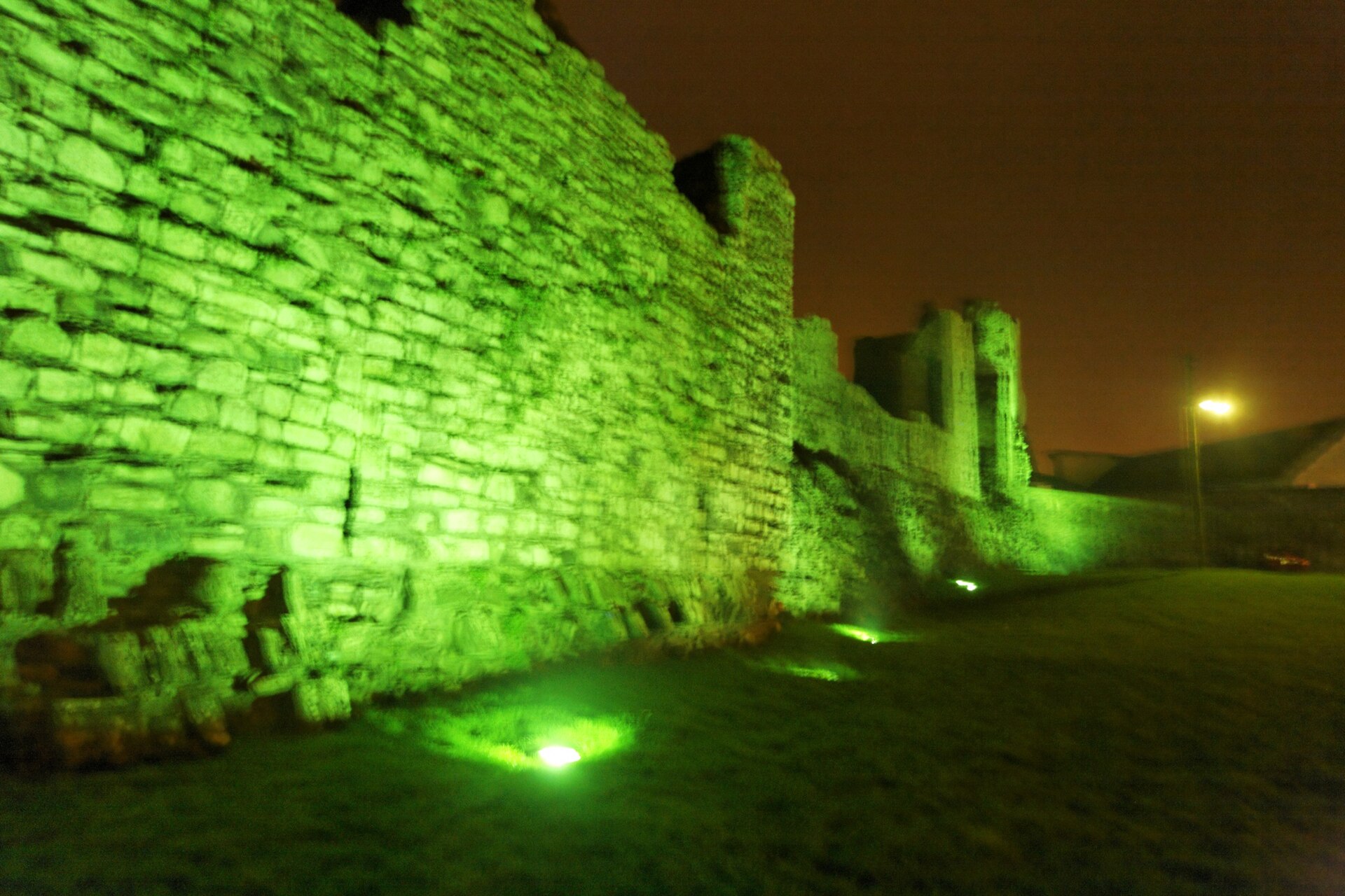 Trim Castle floodlit at night, a landmark of the town and of Norman Ireland