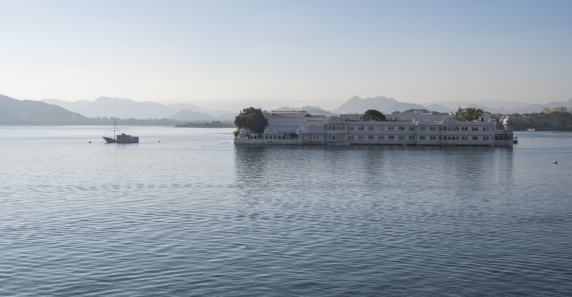 A view over Udaipur from the palace, the old city clustered at the foot of its walls.