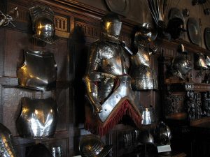 The Great Hall of Warwick, hung with arms and armour gathered over the centuries