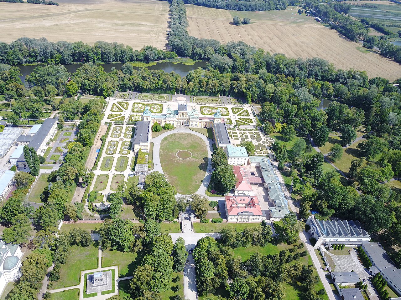 Wilanow Palace and its formal gardens from above.
