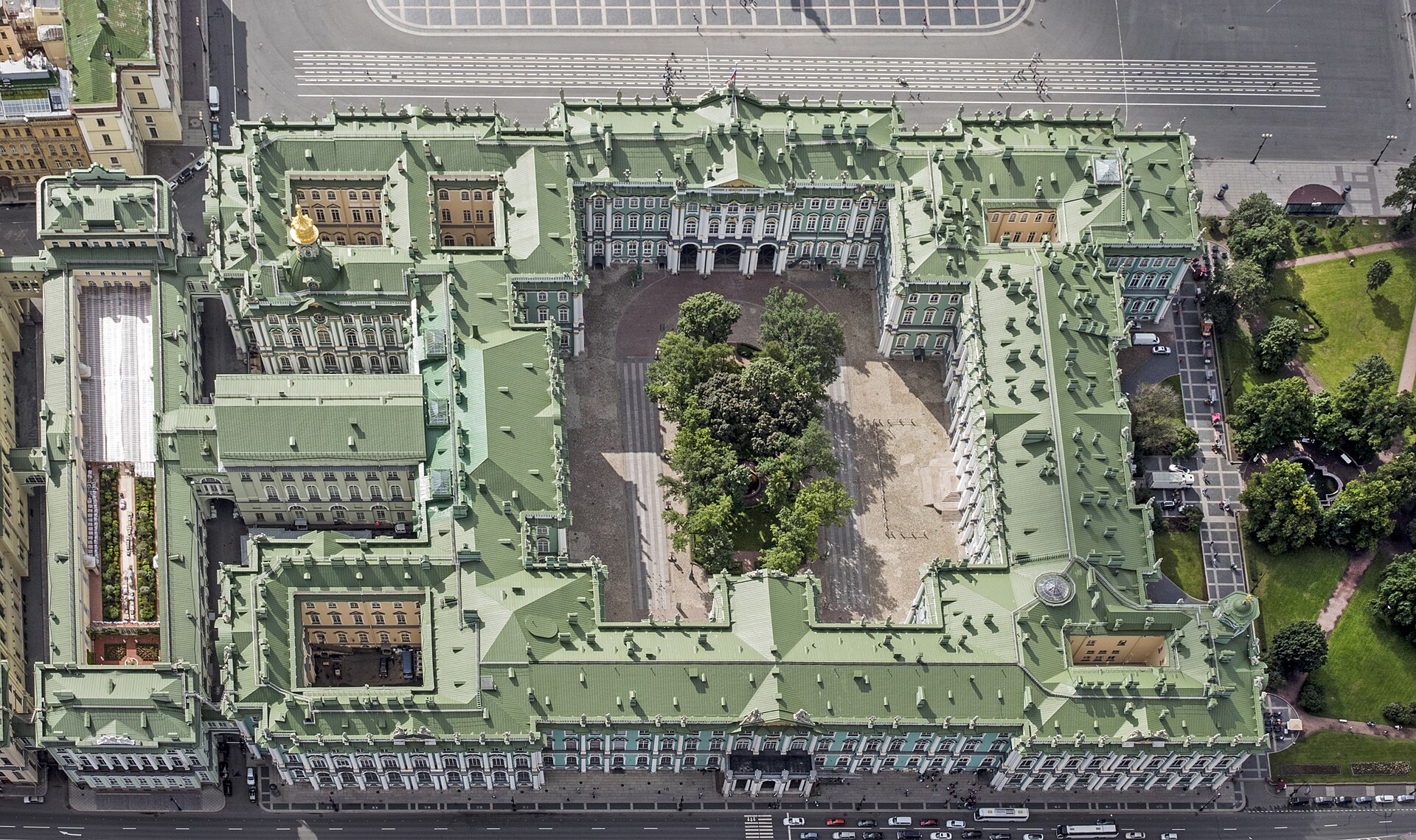 An aerial view of the Winter Palace on the Neva