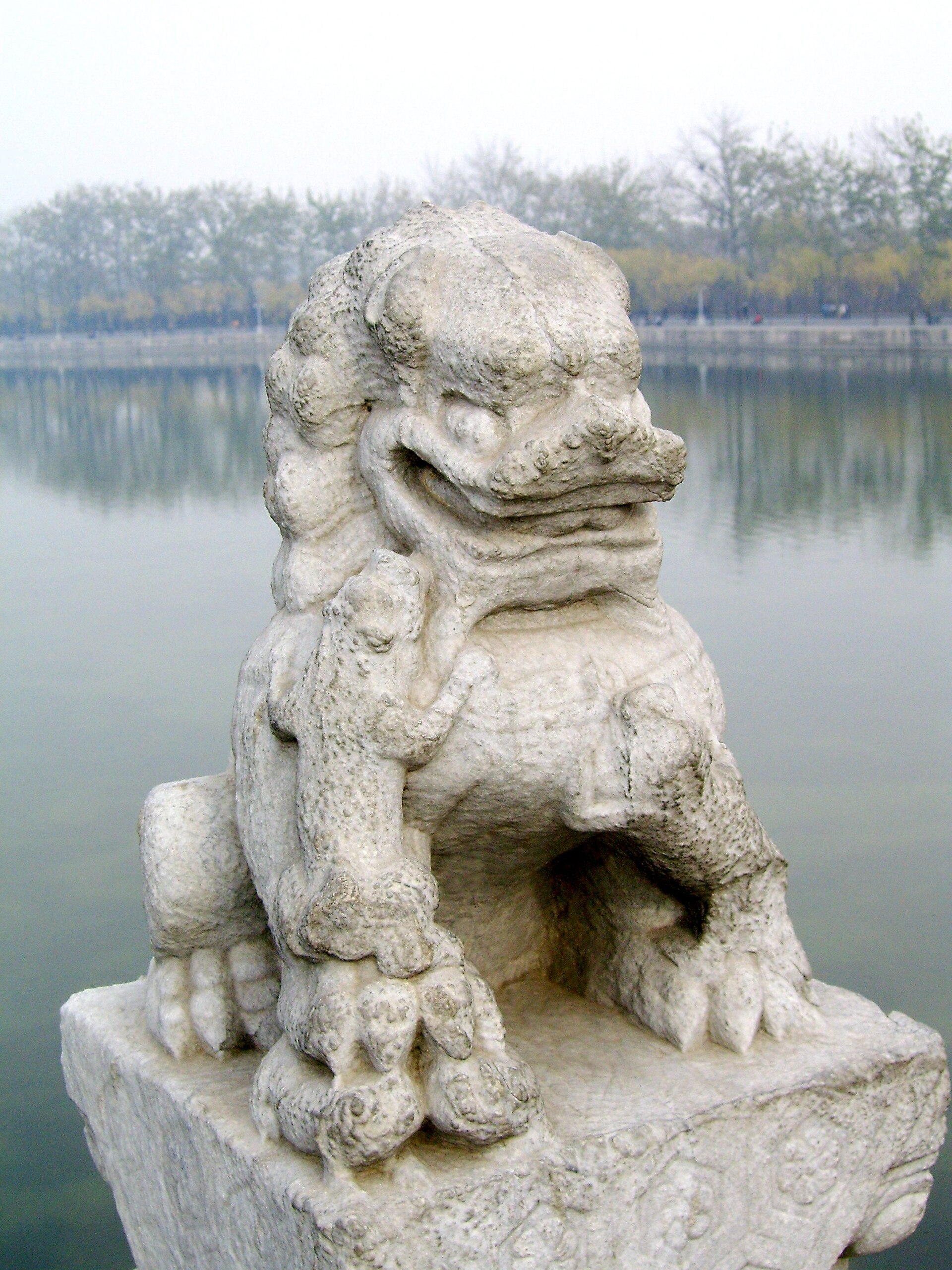 A carved stone lion at the site