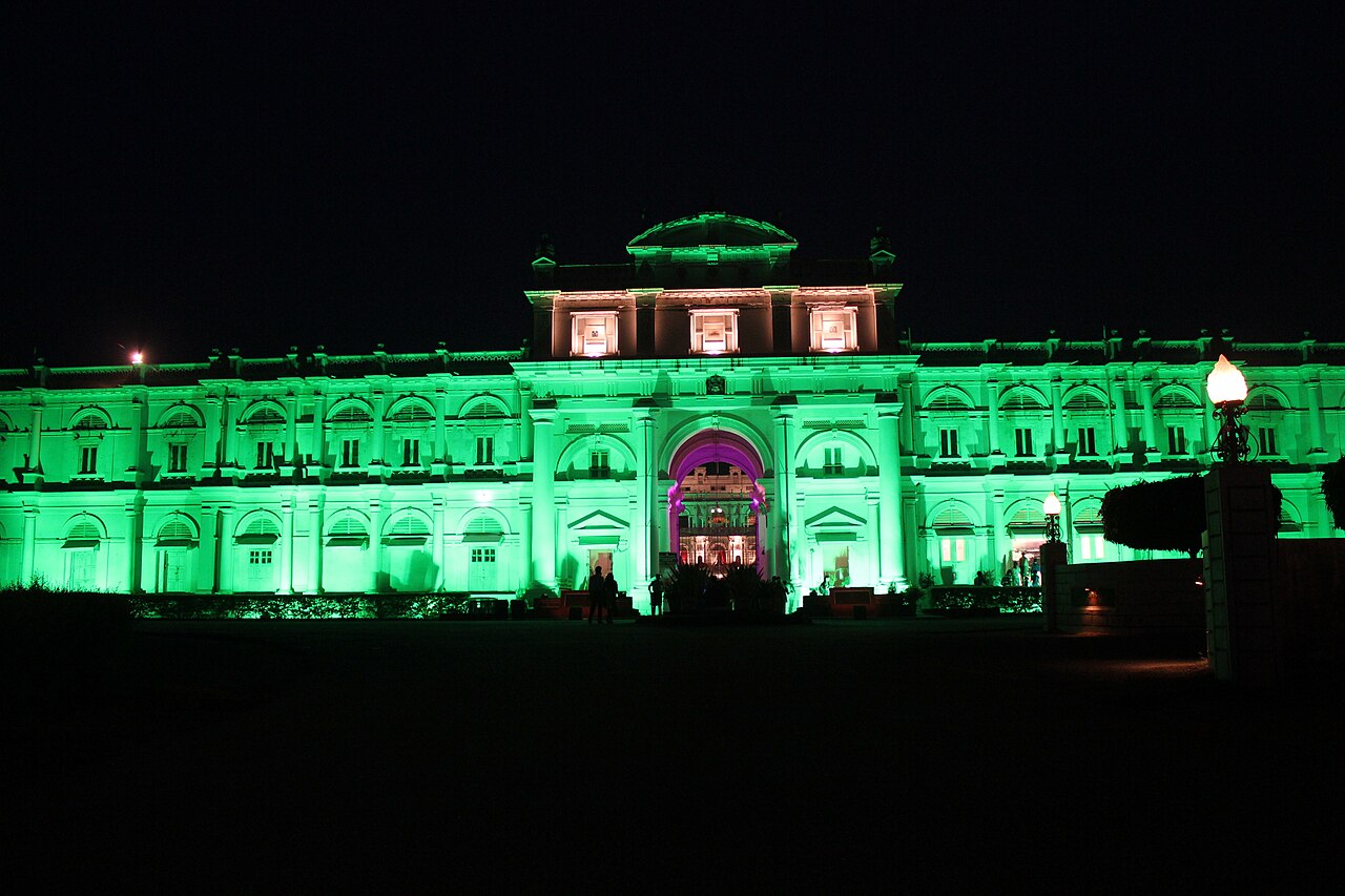The European-style facade of the Jai Vilas Mahal, palace of the Scindia dynasty in Gwalior