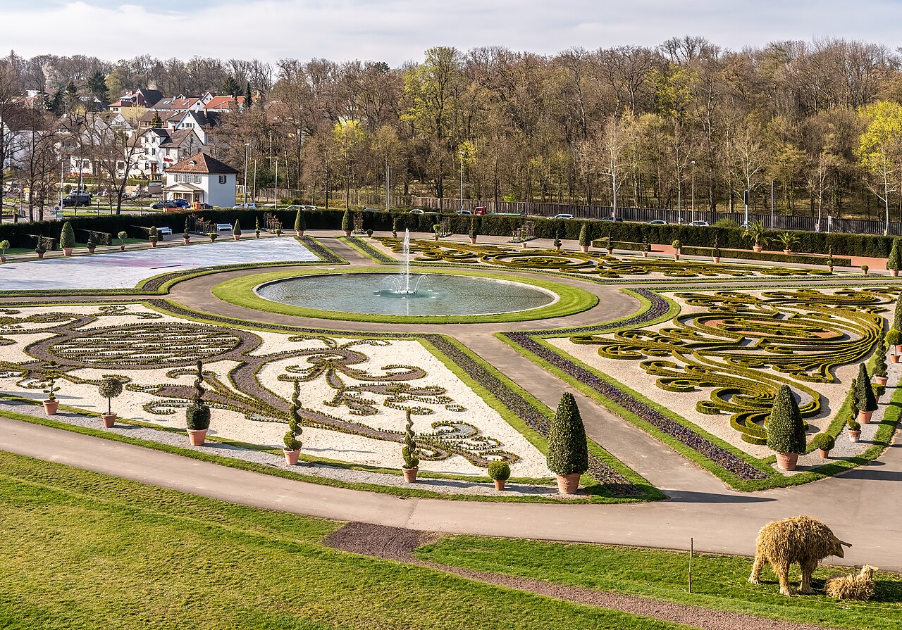 An aerial view showing the scale of the complex and gardens