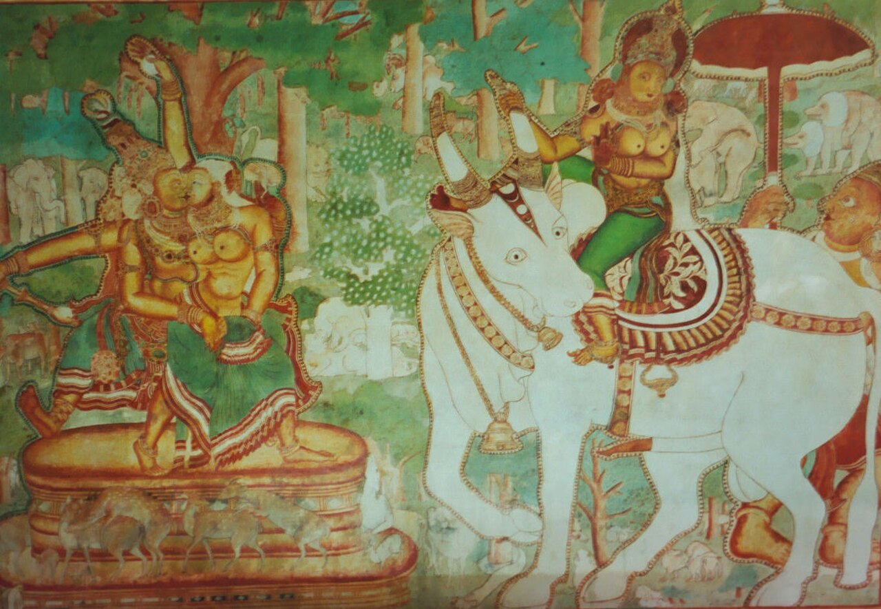 Detail of the Kerala-style frescoes painted on the walls