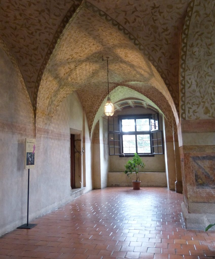 The vaulted entrance hall of the chateau