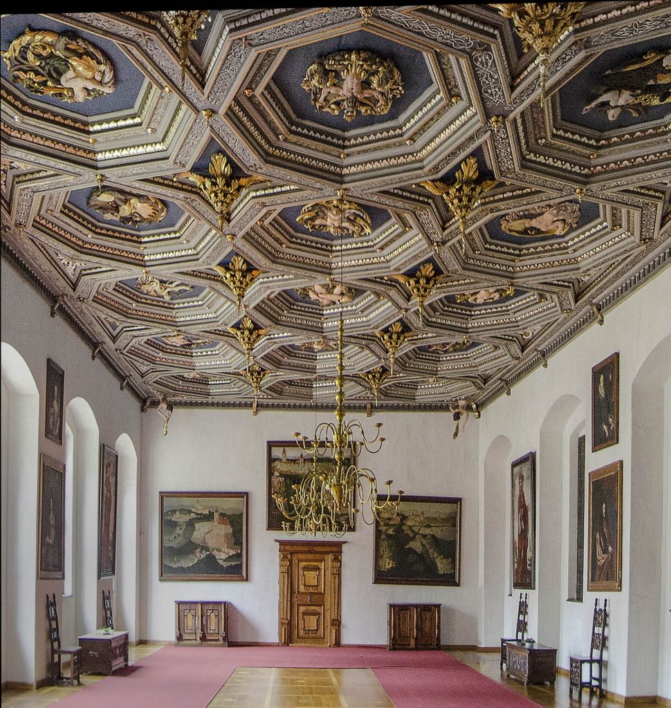 The richly decorated hall used today for weddings